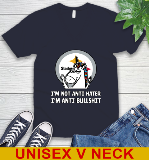 Pittsburgh Steelers NFL Football Unicorn I'm Not Anti Hater I'm Anti Bullshit V-Neck T-Shirt 3
