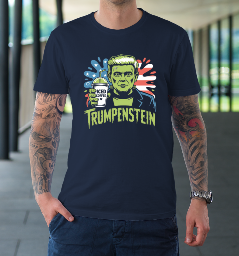 Trumpenstein Funny Iced Coffee Drink Halloween 4th of July USA Flag T-Shirt 2