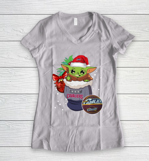 Cleveland Cavaliers Christmas Baby Yoda Star Wars Funny Happy NBA Women's V-Neck T-Shirt 2
