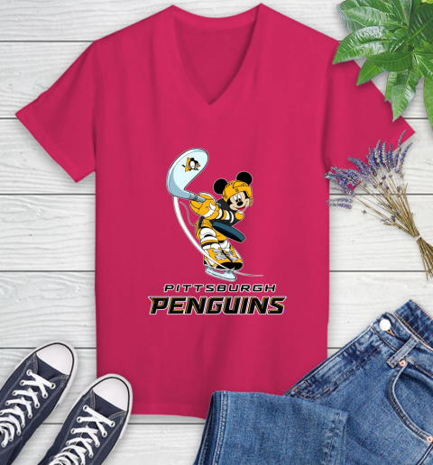 NHL Hockey Pittsburgh Penguins Cheerful Mickey Mouse Shirt Women's V-Neck T-Shirt 8