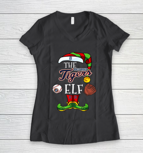 Detroit Tigers Christmas ELF Funny MLB Women's V-Neck T-Shirt 6