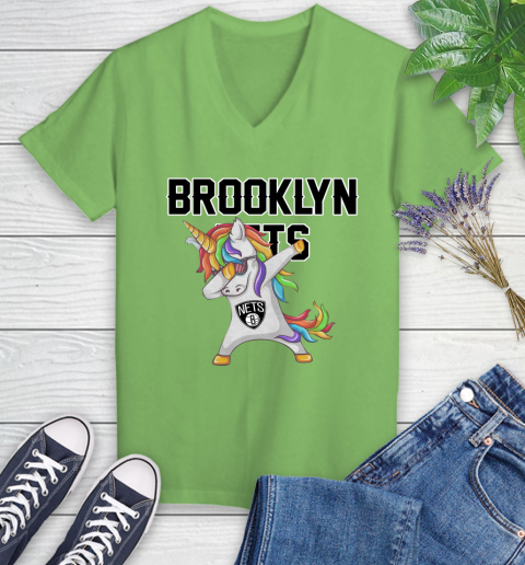 Brooklyn Nets NBA Basketball Funny Unicorn Dabbing Sports Women's V-Neck T-Shirt 11
