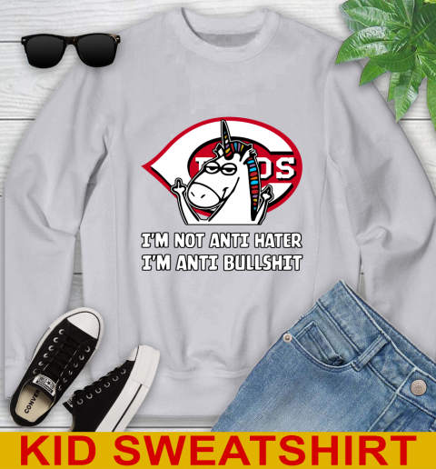 Cincinnati Reds MLB Baseball Unicorn I'm Not Anti Hater I'm Anti Bullshit Youth Sweatshirt 4