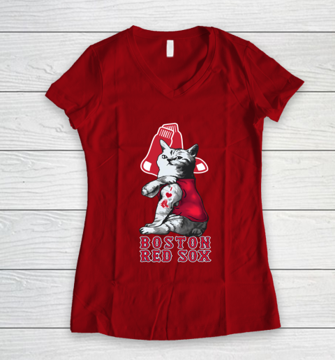 MLB Baseball My Cat Loves Boston Red Sox Women's V-Neck T-Shirt 8