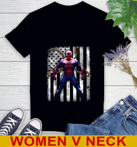 NHL Hockey Detroit Red Wings Spider Man Avengers Marvel American Flag Shirt Women's V-Neck T-Shirt