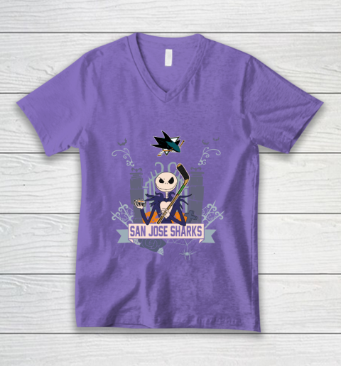 NHL San Jose Sharks Hockey Jack Skellington Halloween V-Neck T-Shirt 8