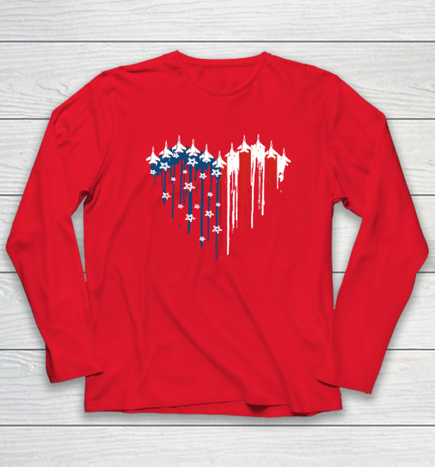 Retro Fighter Jet Airplane American Flag Heart 4th Of July Long Sleeve T-Shirt 6