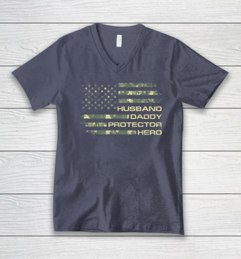 Husband Daddy Protector Hero Shirt Fathers Day American Flag V-Neck T-Shirt 6