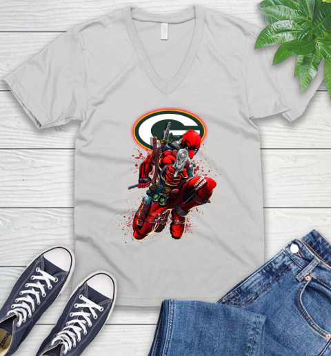 NFL Deadpool Marvel Comics Sports Football Green Bay Packers V-Neck T-Shirt