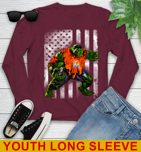 Miami Marlins Hulk Marvel Avengers MLB Baseball American Flag Youth Long Sleeve 6