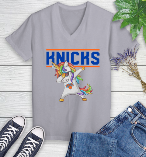 New York Knicks NBA Basketball Funny Unicorn Dabbing Sports Women's V-Neck T-Shirt 4