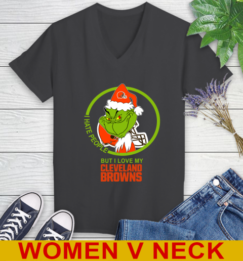 Cleveland Browns NFL Christmas Grinch I Hate People But I Love My Favorite Football Team Women's V-Neck T-Shirt 9