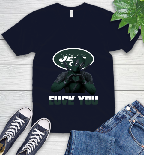 NHL New York Jets Deadpool Love You Fuck You Football Sports V-Neck T-Shirt 2