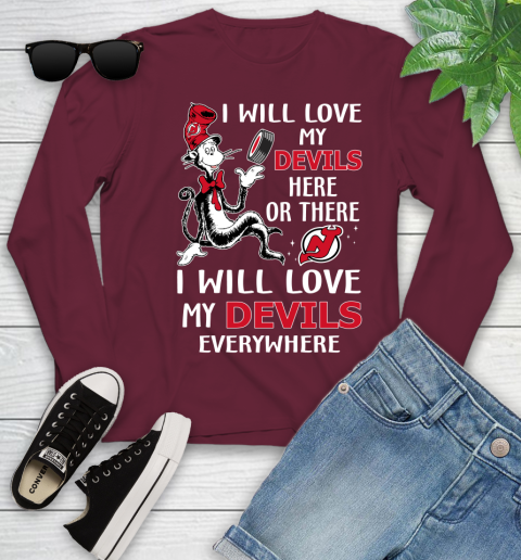 NHL Hockey New Jersey Devils I Will Love My Devils Everywhere Dr Seuss Shirt Youth Long Sleeve 5