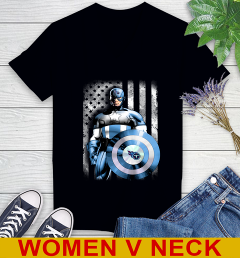 Tennessee Titans NFL Football Captain America Marvel Avengers American Flag Shirt Women's V-Neck T-Shirt
