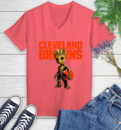 Cleveland Browns NFL Football Groot Marvel Guardians Of The Galaxy Women's V-Neck T-Shirt 6
