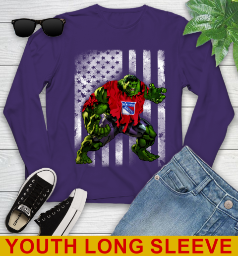New York Rangers Hulk Marvel Avengers NHL Hockey American Flag Youth Long Sleeve 4