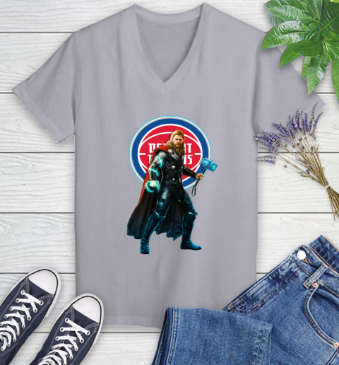 NBA Thor Avengers Endgame Basketball Detroit Pistons Women's V-Neck T-Shirt 4