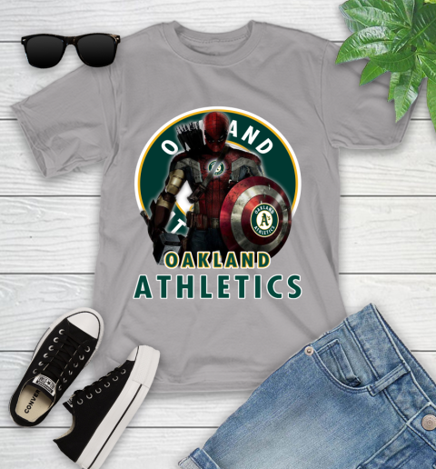 MLB Captain America Thor Spider Man Hawkeye Avengers Endgame Baseball Oakland Athletics Youth T-Shirt 4