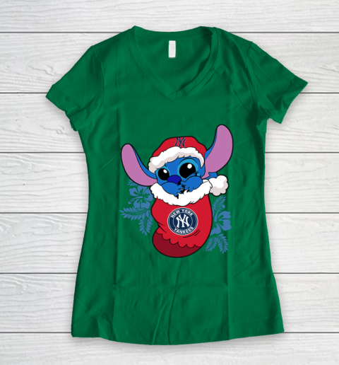 New York Yankees Christmas Stitch In The Sock Funny Disney MLB Women's V-Neck T-Shirt 5