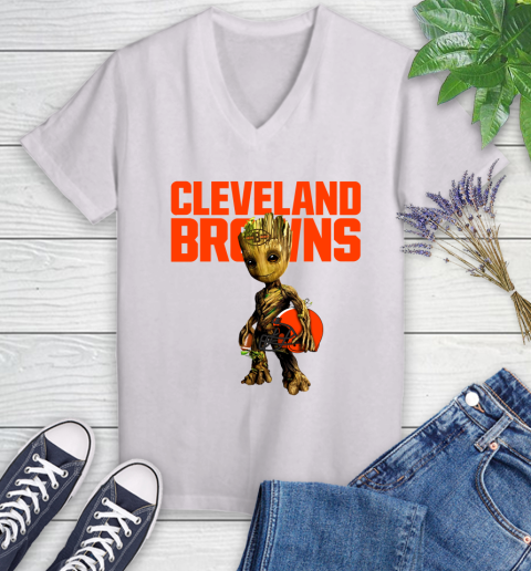 Cleveland Browns NFL Football Groot Marvel Guardians Of The Galaxy Women's V-Neck T-Shirt