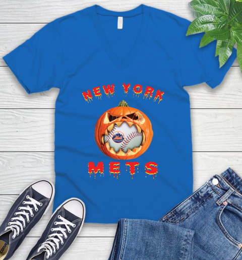 MLB New York Mets Halloween Pumpkin Baseball Sports V-Neck T-Shirt 6