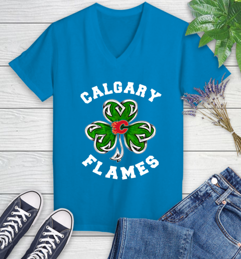NHL Calgary Flames Three Leaf Clover St Patrick's Day Hockey Sports Women's V-Neck T-Shirt 7