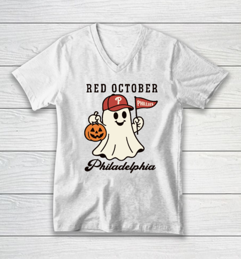 Red October Philadelphia Phillies Halloween Ghost V-Neck T-Shirt