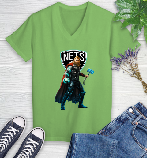 NBA Thor Avengers Endgame Basketball Brooklyn Nets Women's V-Neck T-Shirt 11