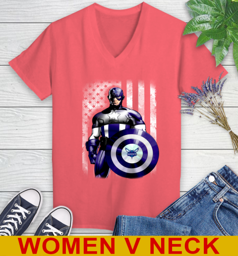 Charlotte Hornets NBA Basketball Captain America Marvel Avengers American Flag Shirt Women's V-Neck T-Shirt 6