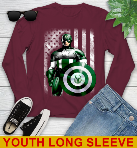Milwaukee Bucks NBA Basketball Captain America Marvel Avengers American Flag Shirt Youth Long Sleeve 6
