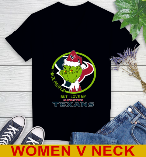 Houston Texans NFL Christmas Grinch I Hate People But I Love My Favorite Football Team Women's V-Neck T-Shirt 2