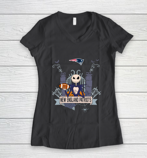 NFL New England Patriots Football Jack Skellington Halloween Women's V-Neck T-Shirt 6
