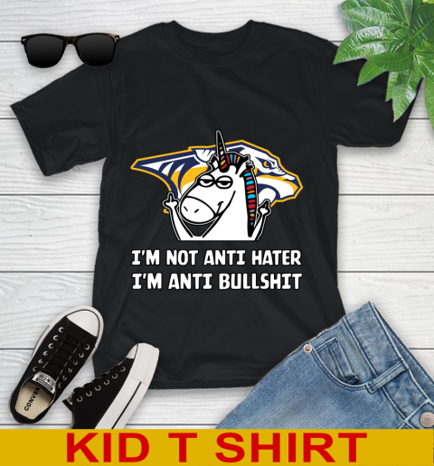 Nashville Predators NHL Hockey Unicorn I'm Not Anti Hater I'm Anti Bullshit Youth T-Shirt 2