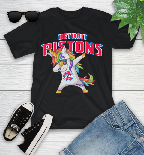 Detroit Pistons NBA Basketball Funny Unicorn Dabbing Sports Youth T-Shirt 2