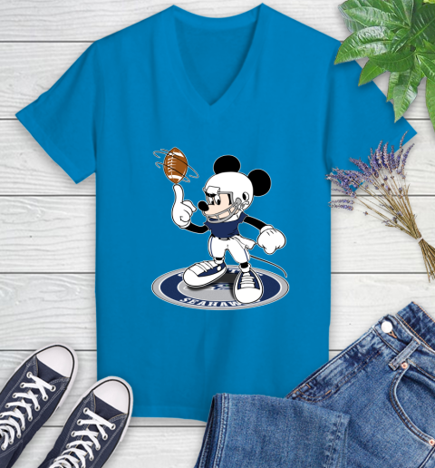 NFL Football Seattle Seahawks Cheerful Mickey Disney Shirt Women's V-Neck T-Shirt 6
