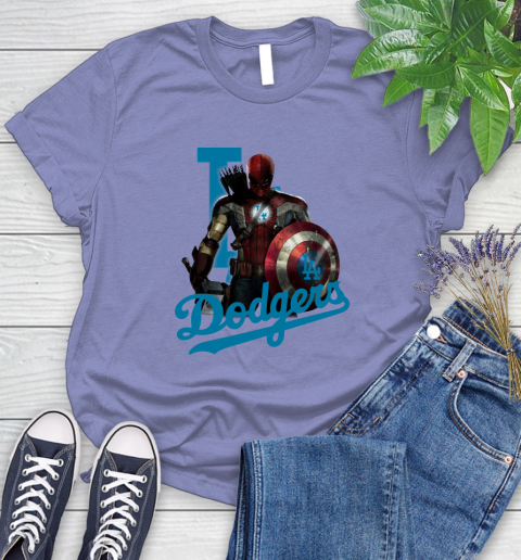 MLB Captain America Thor Spider Man Hawkeye Avengers Endgame Baseball Los Angeles Dodgers Women's T-Shirt 11