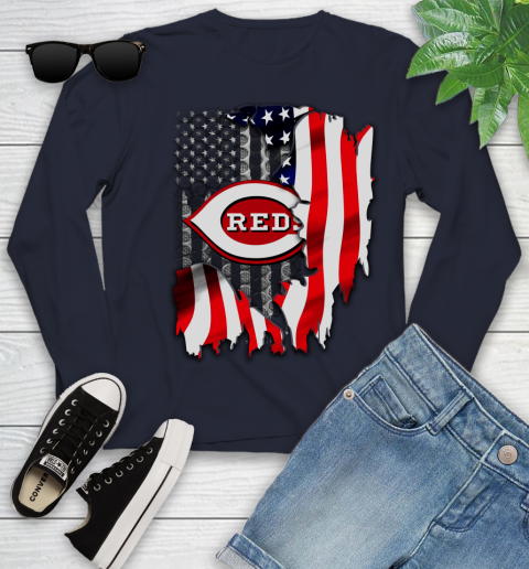 Cincinnati Reds MLB Baseball American Flag Youth Long Sleeve 2