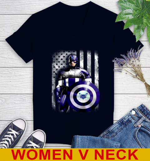 Charlotte Hornets NBA Basketball Captain America Marvel Avengers American Flag Shirt Women's V-Neck T-Shirt 2