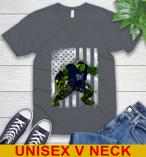 Milwaukee Brewers Hulk Marvel Avengers MLB Baseball American Flag V-Neck T-Shirt 5 Milwaukee Brewers Hulk Marvel Avengers MLB Baseball American Flag V-Neck T-Shirt - Image 5
