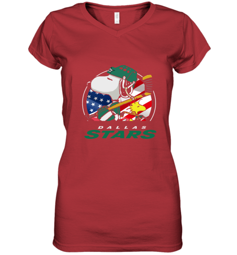 cinj-dallas-stars-ice-hockey-snoopy-and-woodstock-nhl-women-v-neck-t-shirt-39-front-red-480px