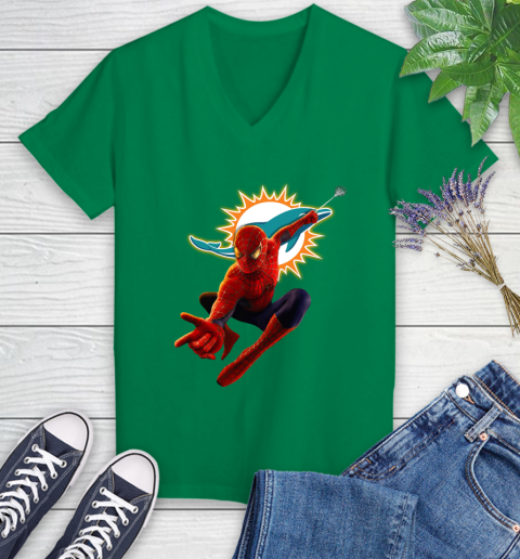 NFL Spider Man Avengers Endgame Football Miami Dolphins Women's V-Neck T-Shirt 5