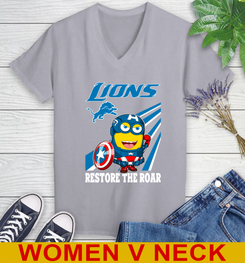 NFL Football Detroit Lions Captain America Marvel Avengers Minion Shirt Women's V-Neck T-Shirt 4