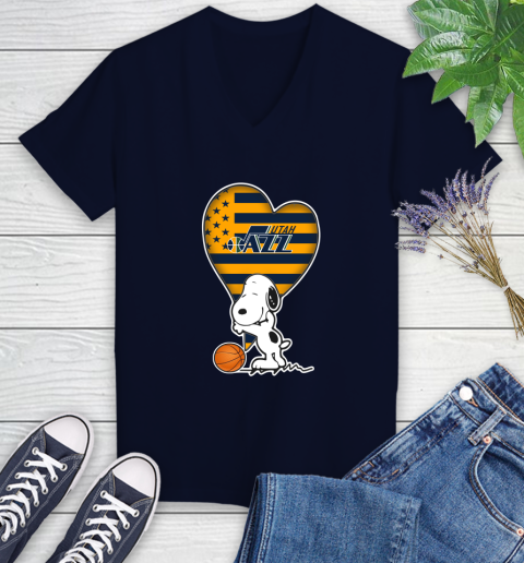 Utah Jazz NBA Basketball The Peanuts Movie Adorable Snoopy Women's V-Neck T-Shirt 3