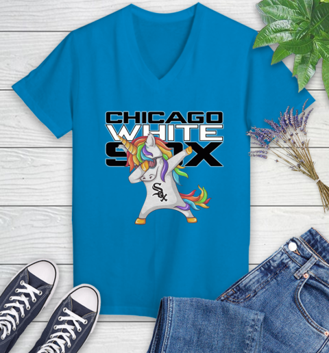 Chicago White Sox MLB Baseball Funny Unicorn Dabbing Sports Women's V-Neck T-Shirt 7