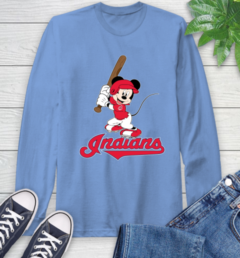 MLB Baseball Cleveland Indians Cheerful Mickey Mouse Shirt Long Sleeve T Shirt Tee For Sports