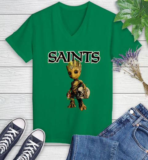 New Orleans Saints NFL Football Groot Marvel Guardians Of The Galaxy Women's V-Neck T-Shirt 5