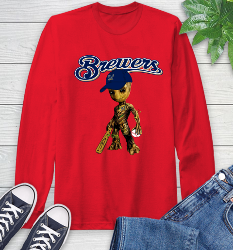 MLB Milwaukee Brewers Groot Guardians Of The Galaxy Baseball Long Sleeve T-Shirt 10