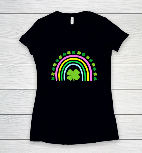 Green Four Leaf Clover Rainbow St Patrick's Day Women's V-Neck T-Shirt