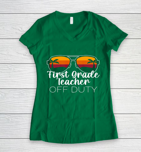 1st Grade Teacher Off Duty Sunglasses Beach Sunset Women's V-Neck T-Shirt 3